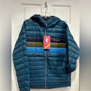 Cotopaxi Men’s XXL Fuego Hooded Down Puffer Jacket Blue Abyss Stripes NWT